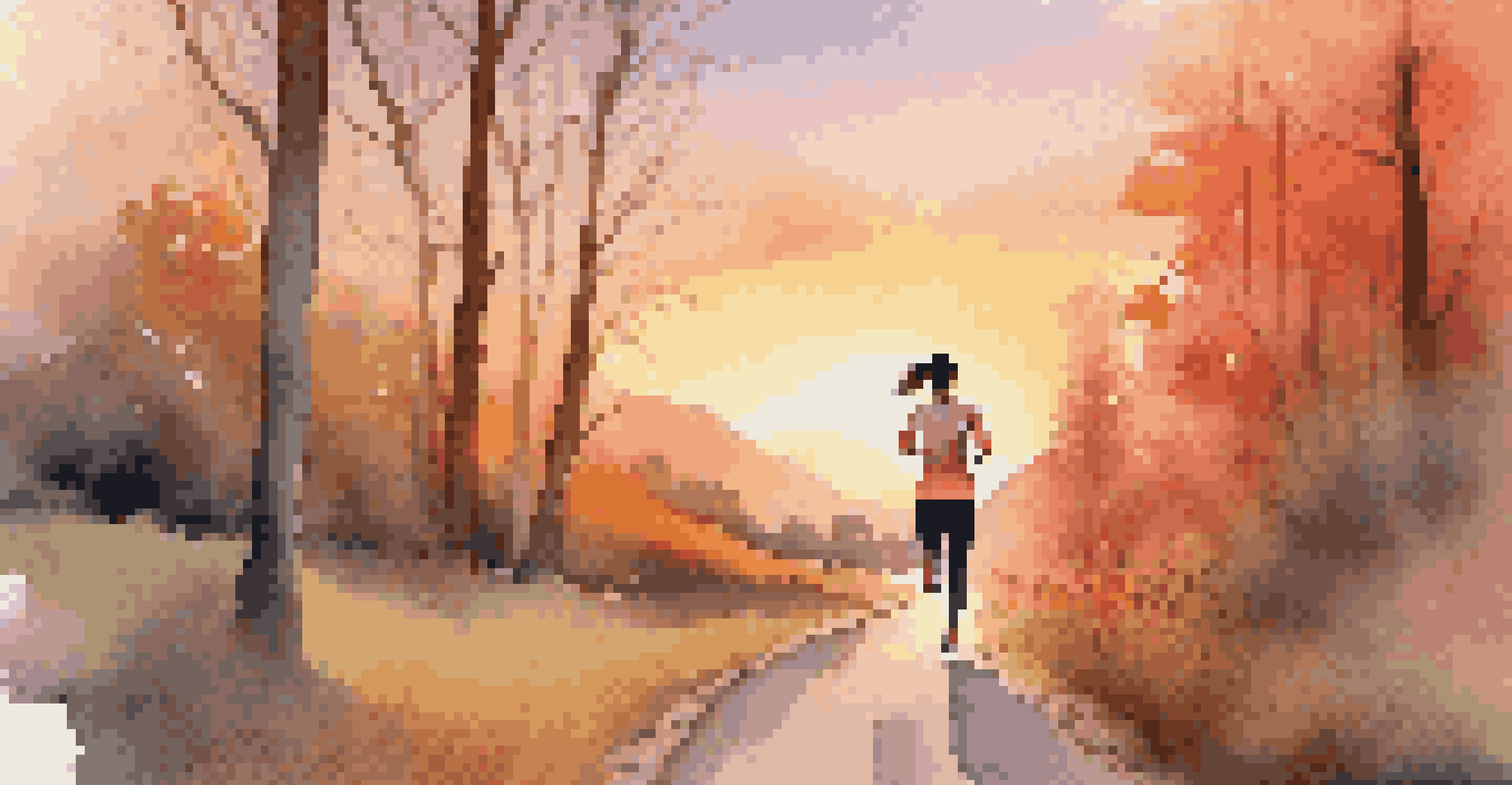 A person jogging on a scenic trail at sunrise, with trees and a beautiful landscape in the background.