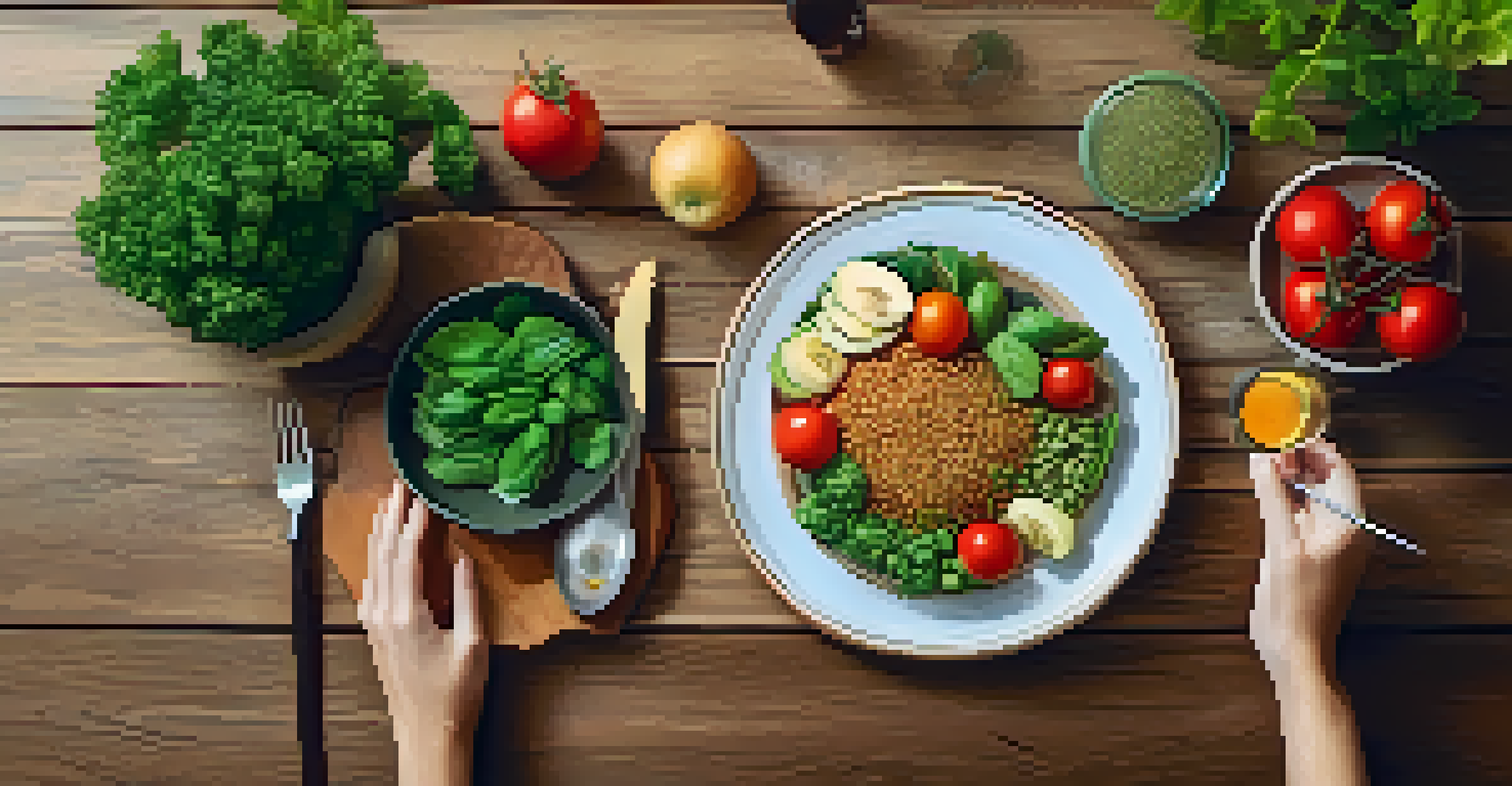 An overhead shot of a colorful plate of healthy food with hands appreciating the meal and a gratitude note beside it.