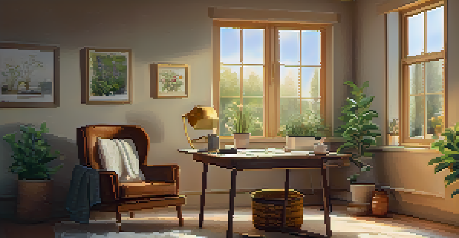 A cozy workspace with a journal and tea, illuminated by warm light, ideal for journaling and self-reflection.
