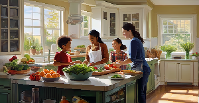 A family of diverse backgrounds happily cooking together in a bright kitchen, emphasizing teamwork and healthy living.