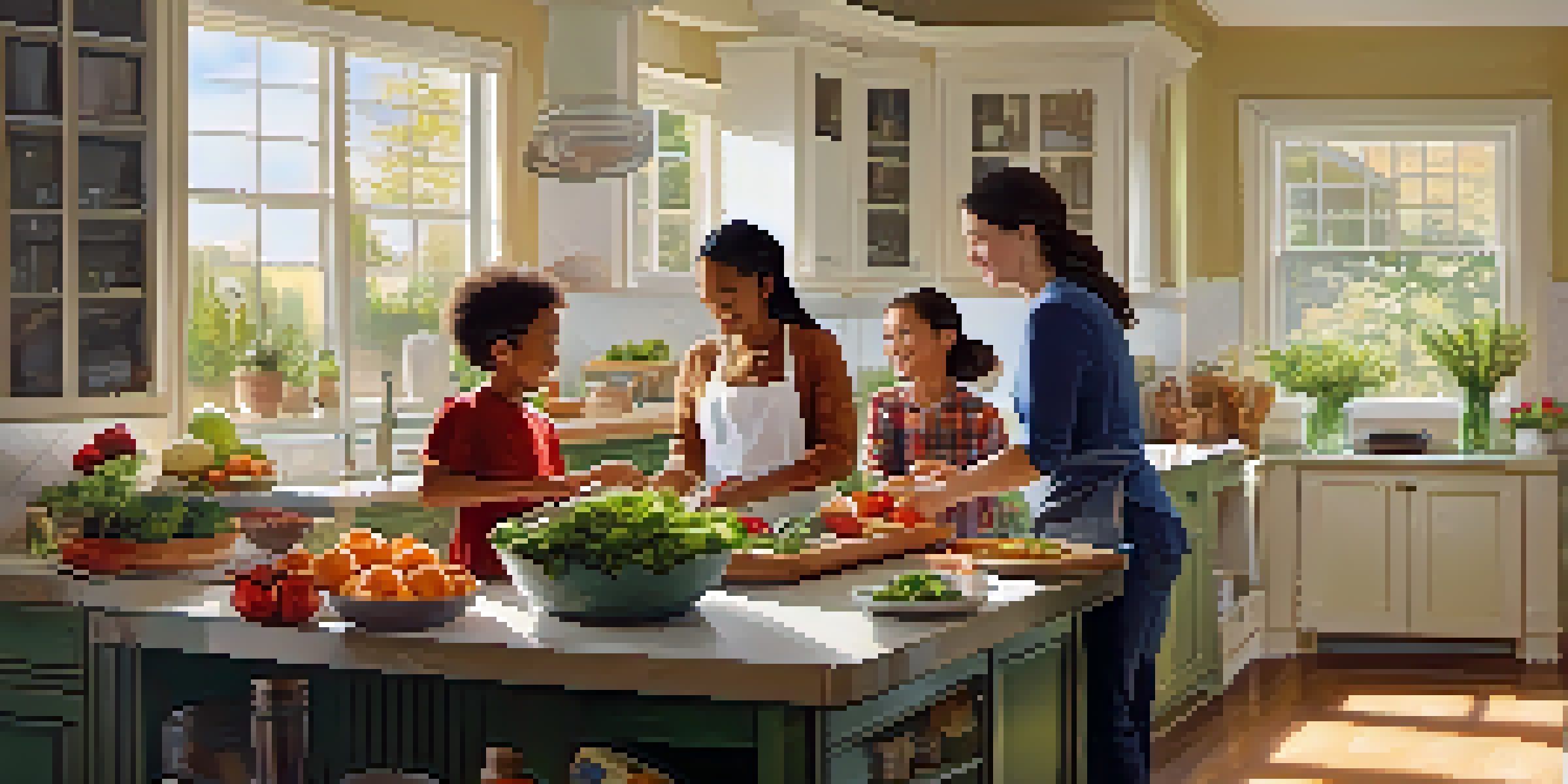 A family of diverse backgrounds happily cooking together in a bright kitchen, emphasizing teamwork and healthy living.