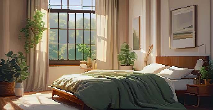 A cozy bedroom with warm lighting, a made bed, and a bedside table with tea and a journal, evoking a sense of tranquility.