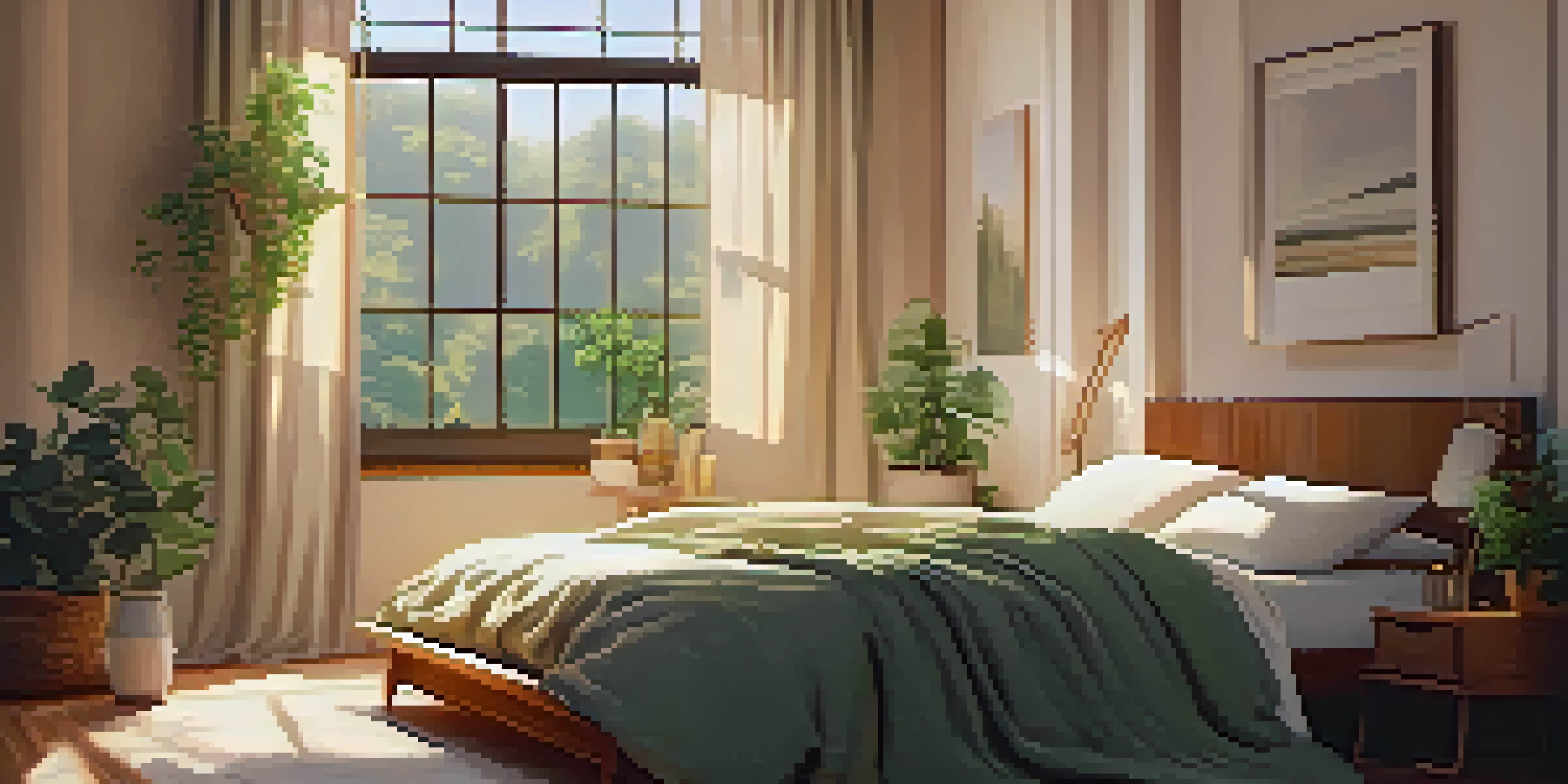 A cozy bedroom with warm lighting, a made bed, and a bedside table with tea and a journal, evoking a sense of tranquility.