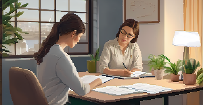 A mental health professional discussing sleep quality with a client, with a focus on a sleep diary and a chart on the wall.
