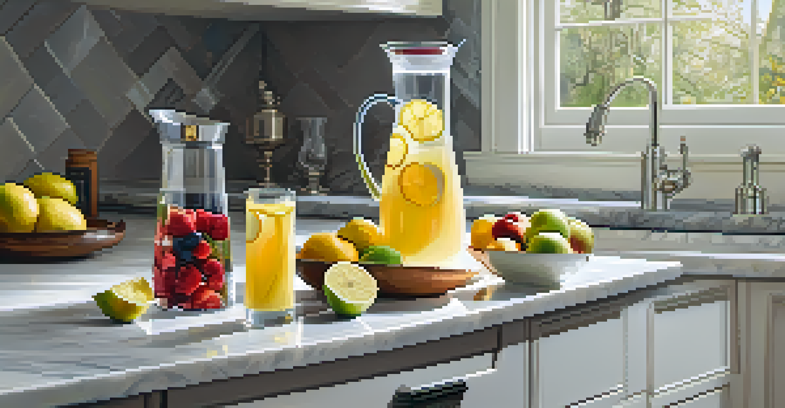 A kitchen scene with a glass pitcher of lemon ginger infused water and fresh fruits on a marble countertop.