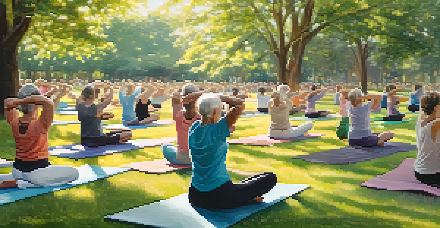 Seniors practicing adaptive yoga in a sunny park, surrounded by flowers and greenery, showcasing calmness and focus.
