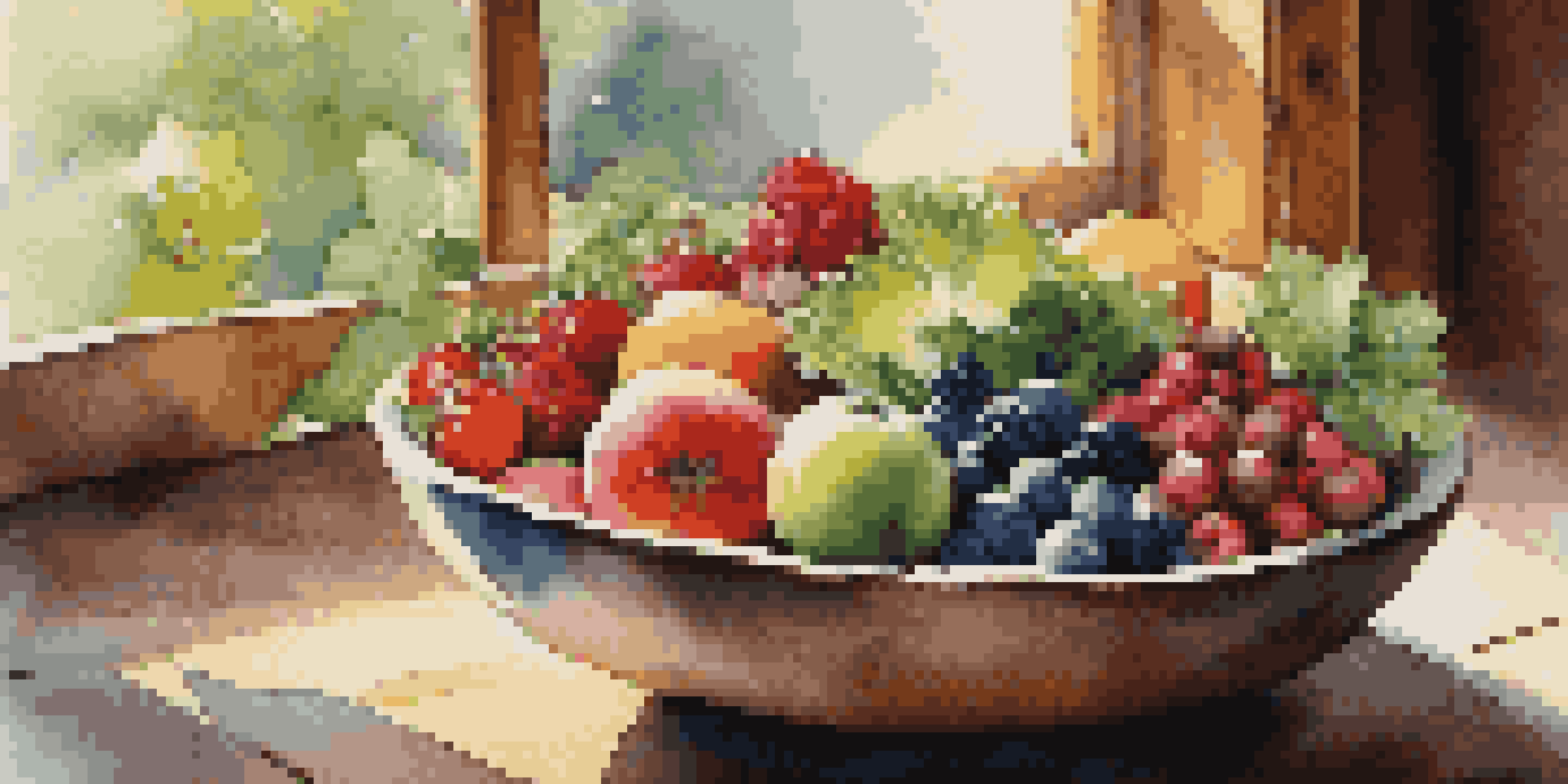 A colorful bowl of fresh fruits and vegetables on a rustic wooden table with natural light.