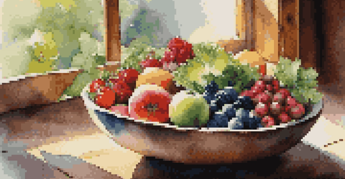 A colorful bowl of fresh fruits and vegetables on a rustic wooden table with natural light.