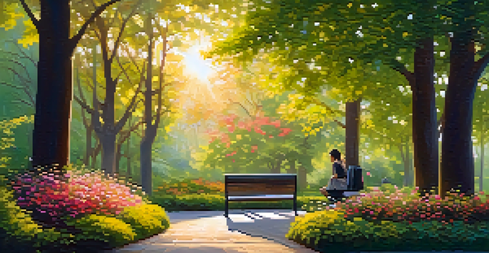 A tranquil park scene with vibrant flowers and trees during sunset, featuring a path and a person on a bench enjoying the view.