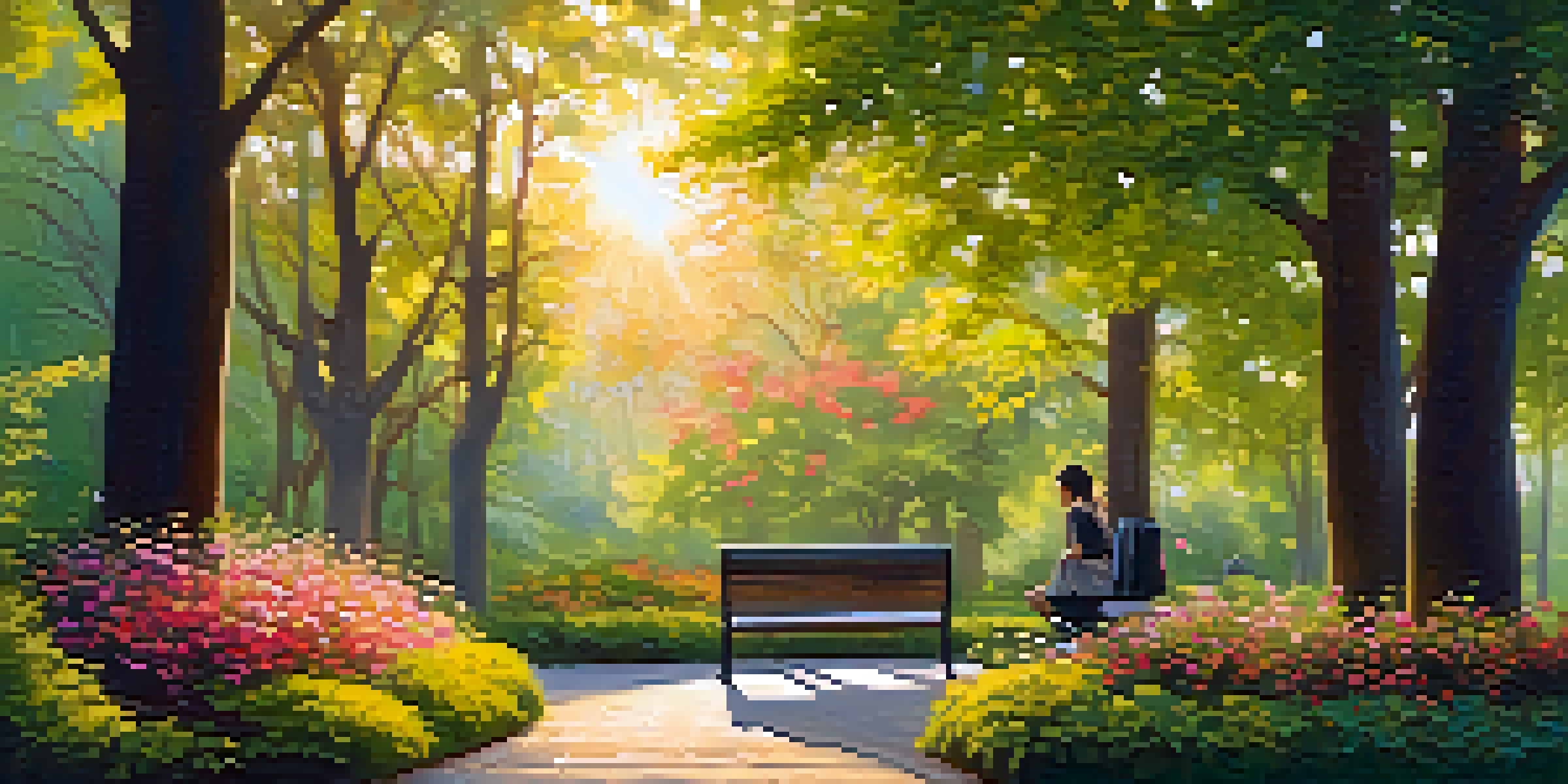 A tranquil park scene with vibrant flowers and trees during sunset, featuring a path and a person on a bench enjoying the view.