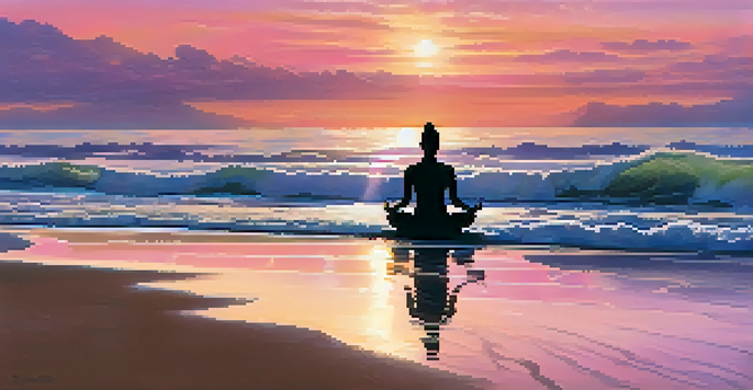 A person practicing yoga on a beach during sunrise, with vibrant colors in the sky and gentle ocean waves.