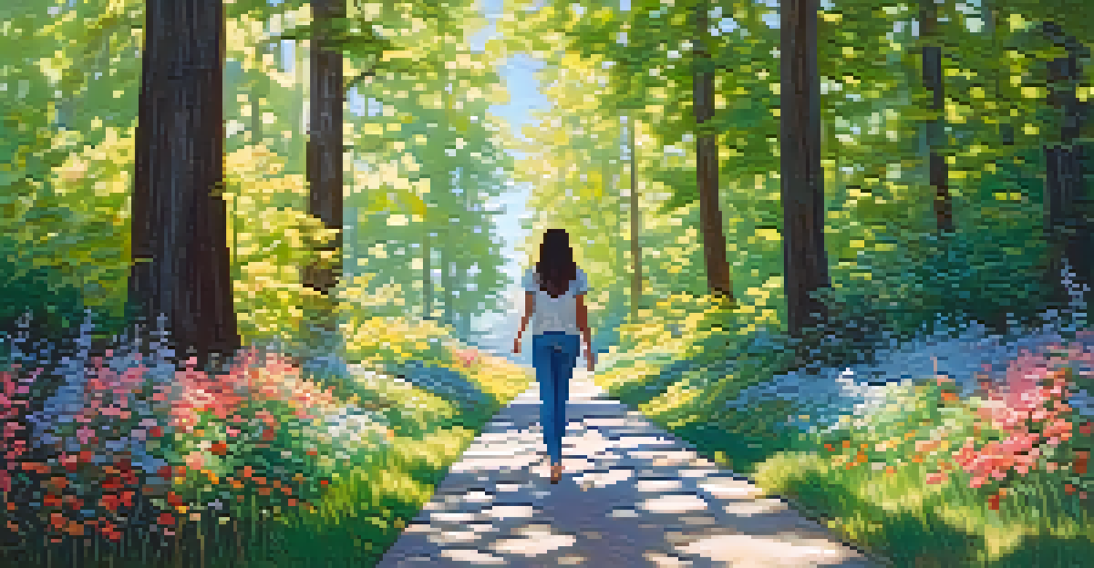 A person walking mindfully along a nature path, surrounded by trees and flowers, emphasizing the connection to the present moment.
