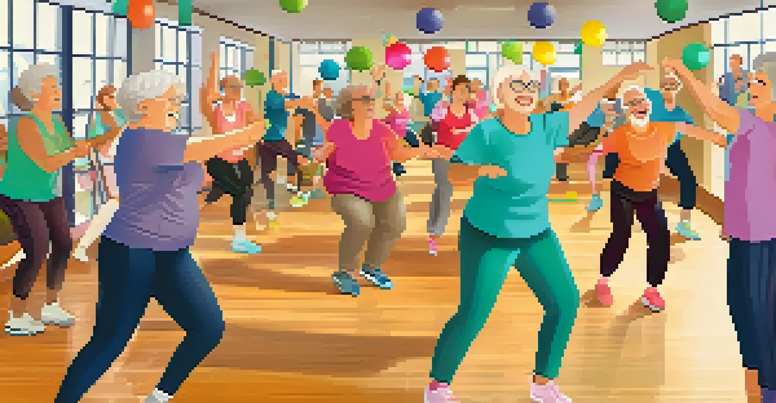 A lively community exercise class with older adults dancing in a colorful gym, led by an energetic instructor.