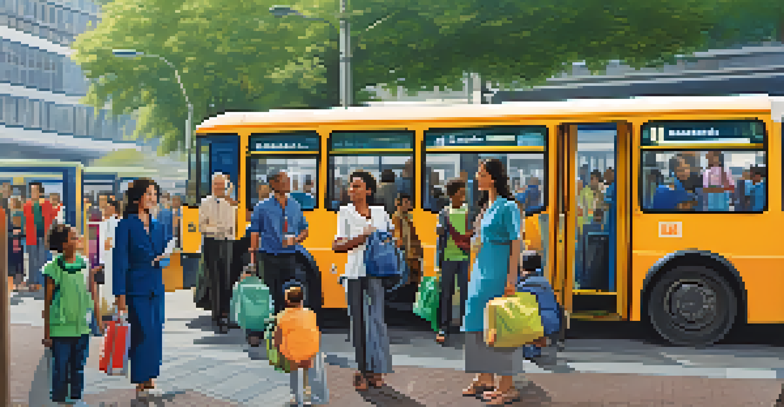 A busy urban transport station with diverse people waiting for buses, showcasing a family looking at health pamphlets.