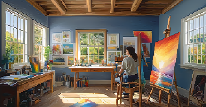 A bright art studio with an artist painting on a canvas, surrounded by colorful artworks and sunlight streaming in.
