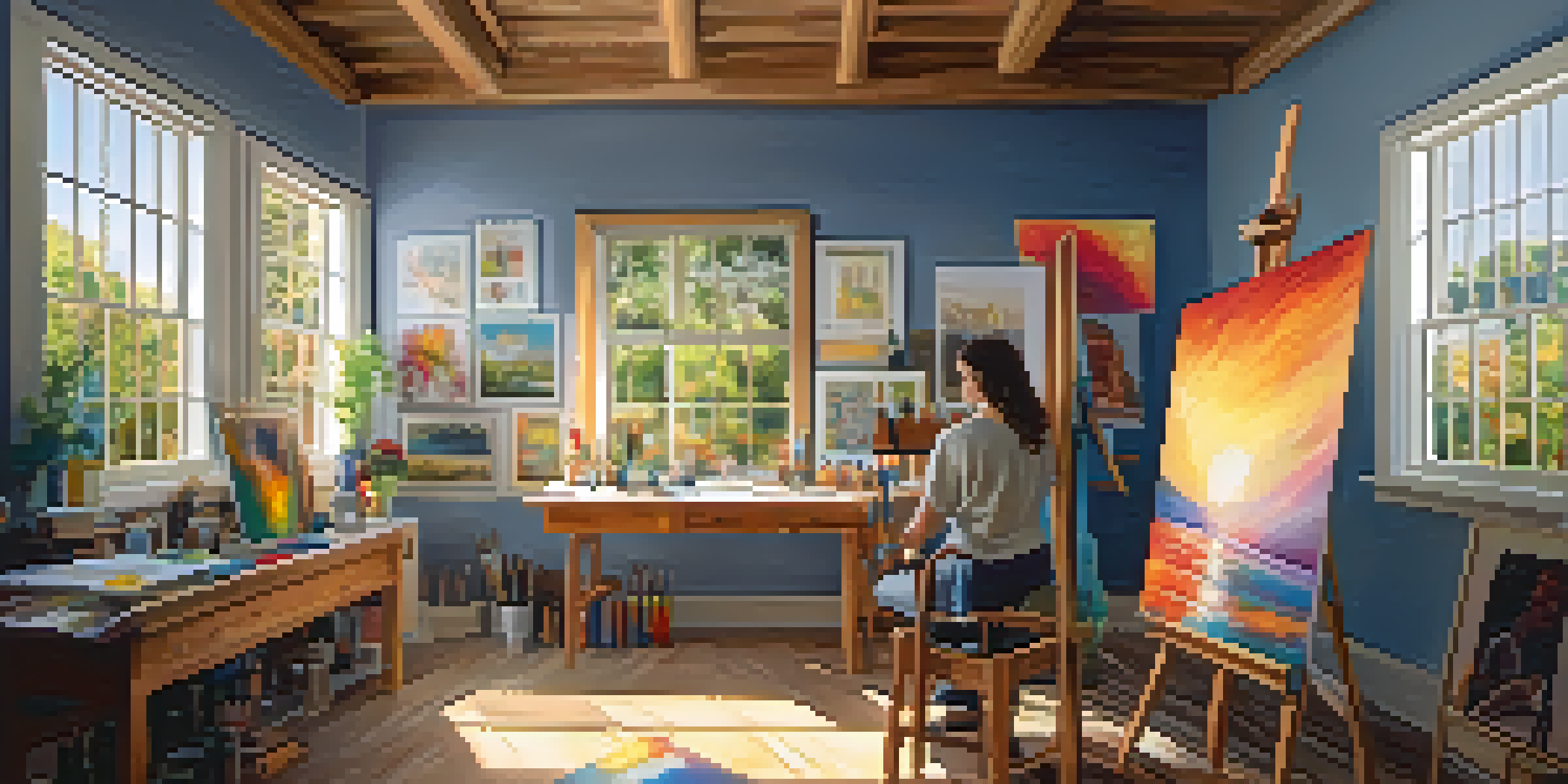 A bright art studio with an artist painting on a canvas, surrounded by colorful artworks and sunlight streaming in.