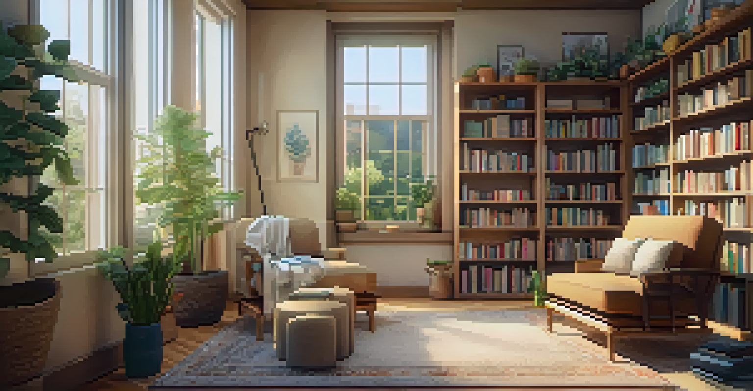 A cozy therapy room with soft lighting, comfortable seating, and a bookshelf filled with self-help books.