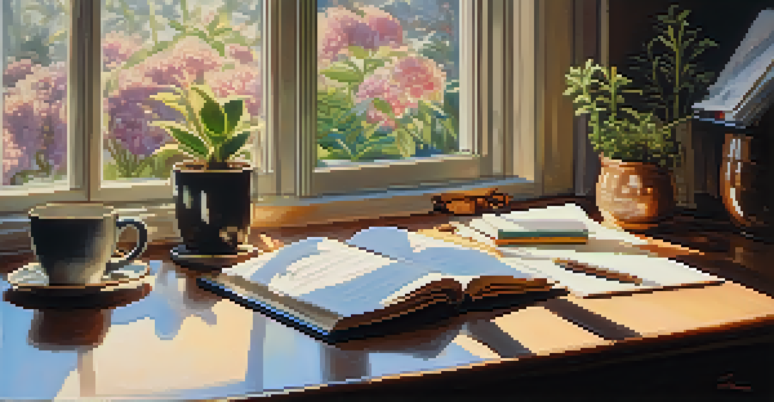 A person writing in a journal at a cozy desk with a cup of tea and warm lighting.