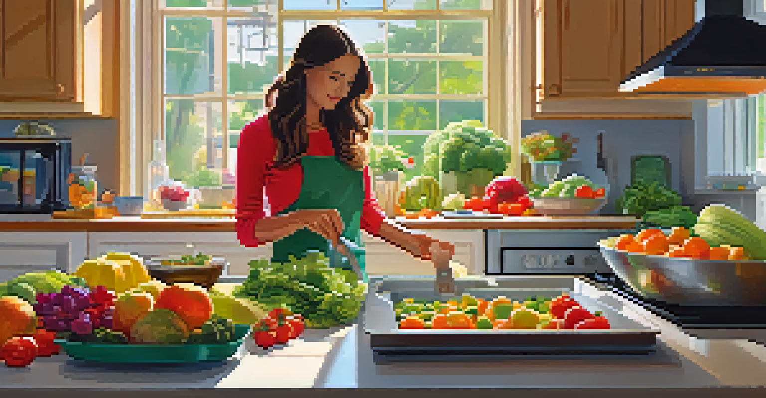 A person preparing a healthy meal in a bright kitchen, with fresh fruits and vegetables on the countertop.