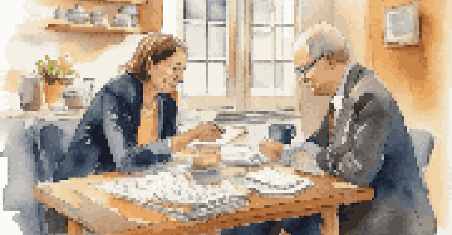 A couple engaged in a budgeting session at their kitchen table, with a notepad and calculator.