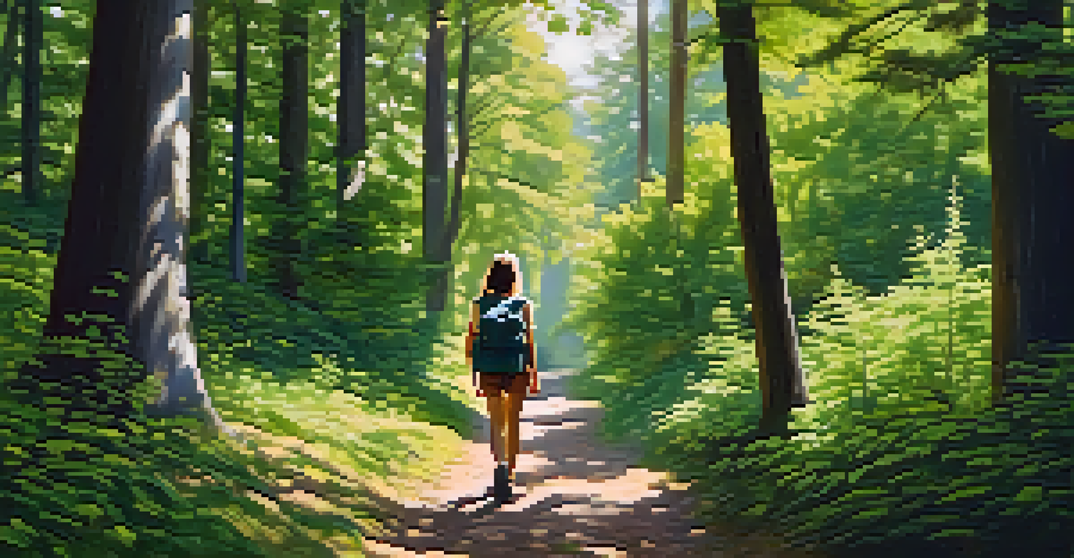 A person walking on a forest path, surrounded by trees and sunlight, symbolizing relaxation and connection with nature.