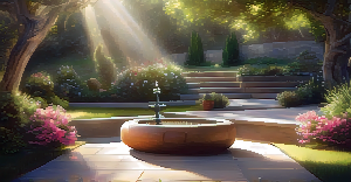 A tranquil garden space with flowers and a fountain, designed for meditation and mindfulness.