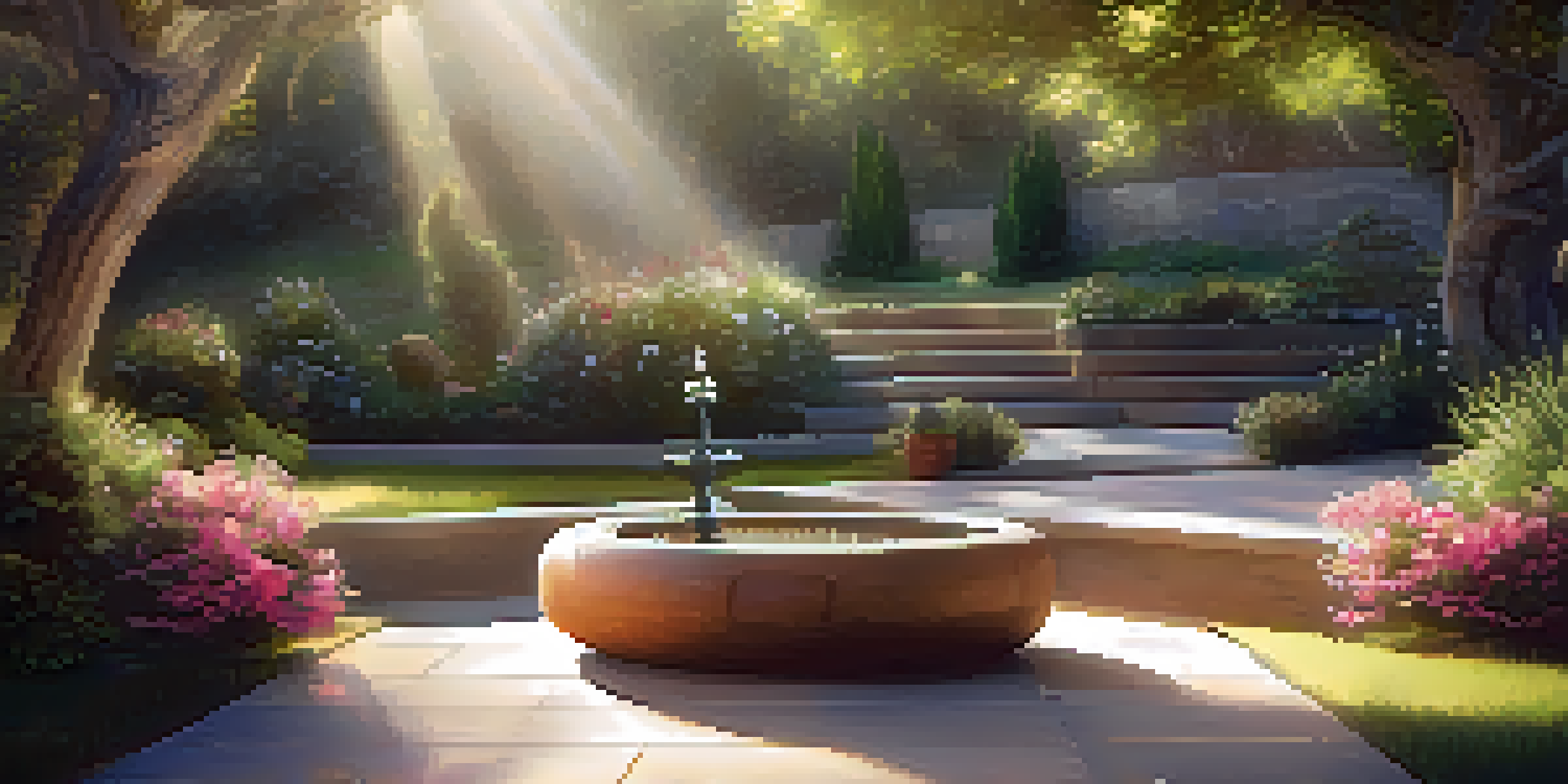 A tranquil garden space with flowers and a fountain, designed for meditation and mindfulness.