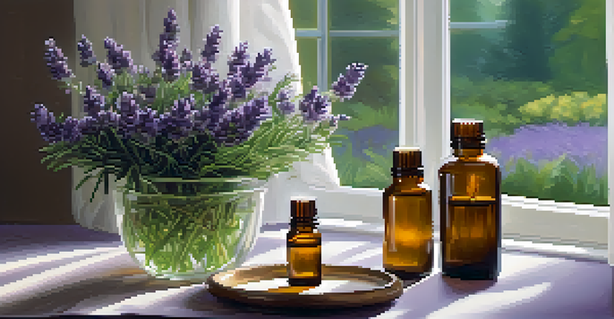 A diffuser releasing lavender and chamomile essential oils in a calming indoor space, surrounded by plants and candlelight.