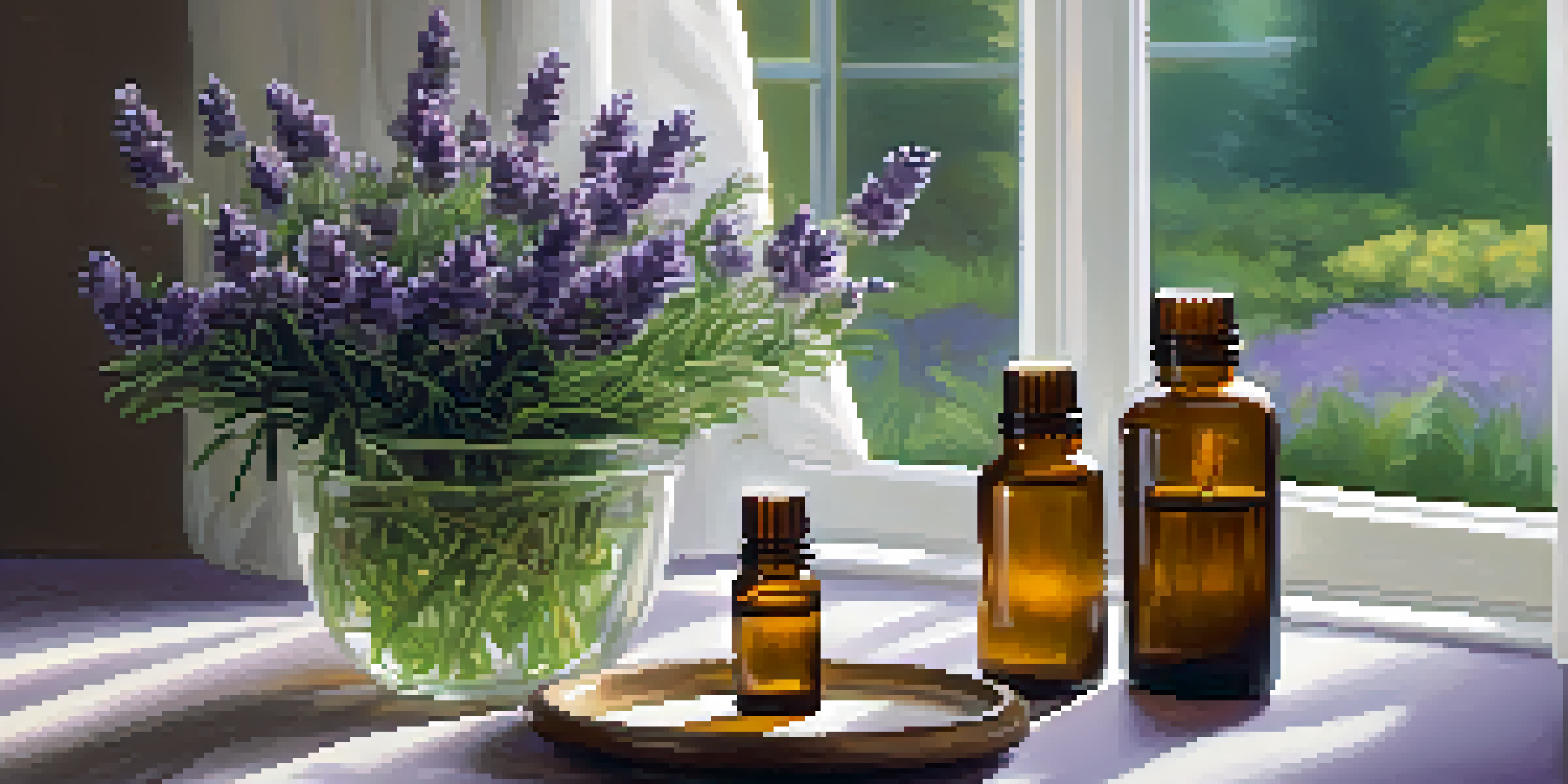 A diffuser releasing lavender and chamomile essential oils in a calming indoor space, surrounded by plants and candlelight.