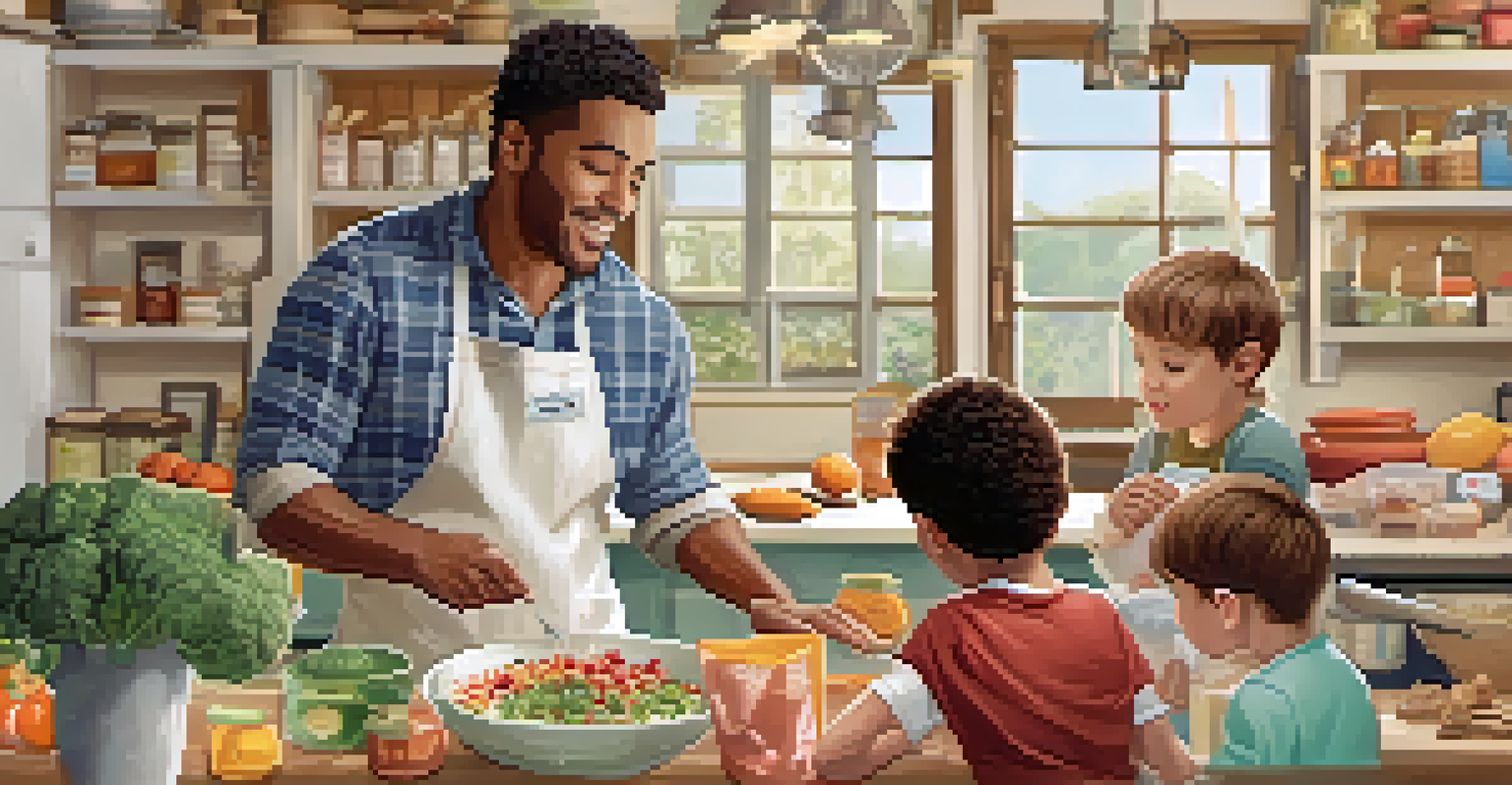 A parent teaching children about food allergies in a cozy kitchen, with a chart of allergens and labeled ingredients on the counter.