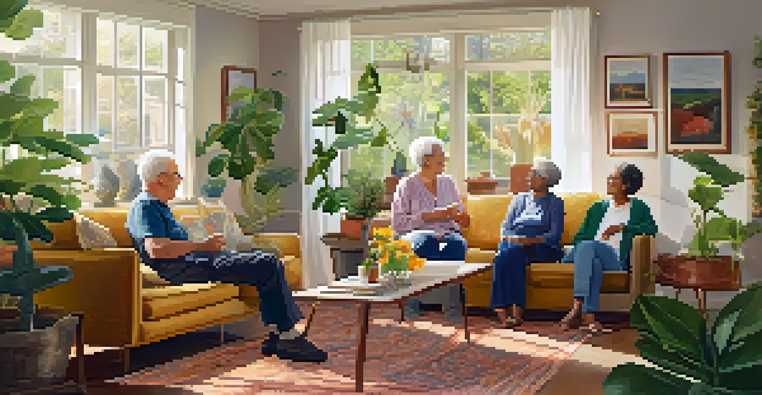 A cozy living room where diverse older adults are enjoying conversation and laughter, surrounded by plants and warm light.