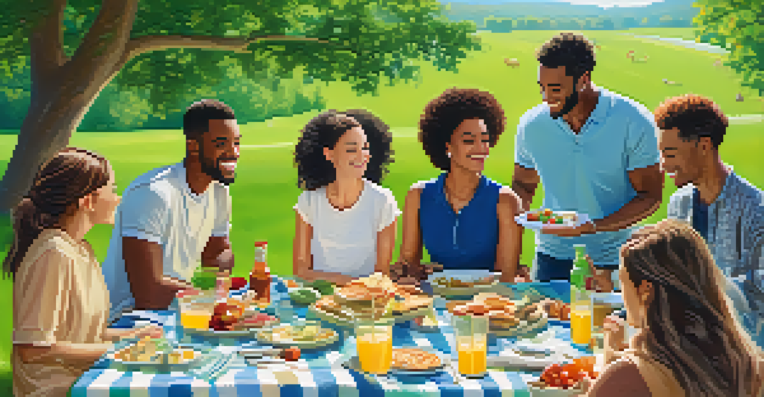 A diverse group of friends enjoying a safe outdoor picnic with labeled allergen-free food options on a sunny day.