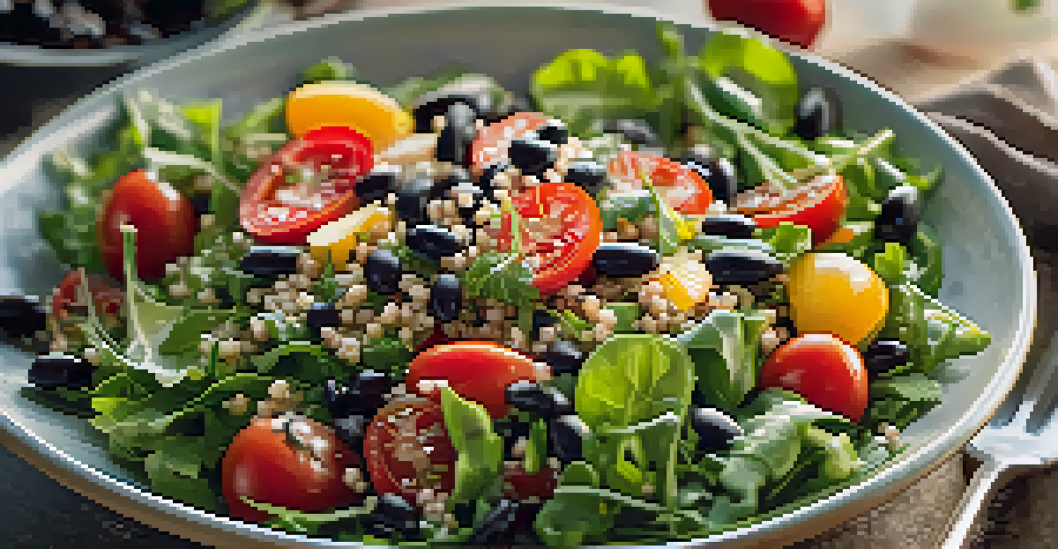 A close-up of a colorful salad in a bowl, showcasing leafy greens, tomatoes, beans, and quinoa with a dressing.
