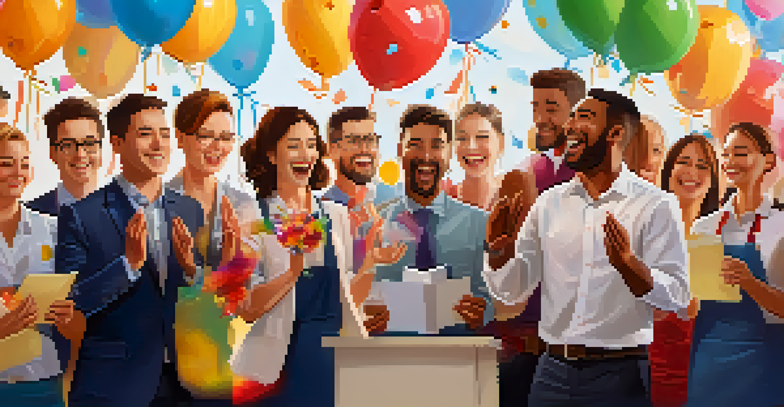 An employee being awarded 'Kindness Champion' in front of cheering colleagues, surrounded by decorations celebrating kindness in the workplace.