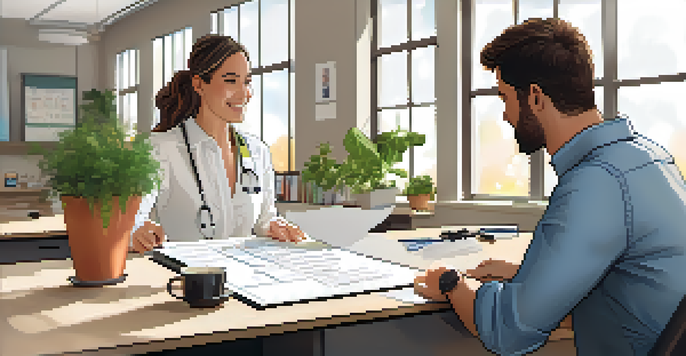 A health coach and a client discussing a wellness plan in a well-lit office with plants and a whiteboard.