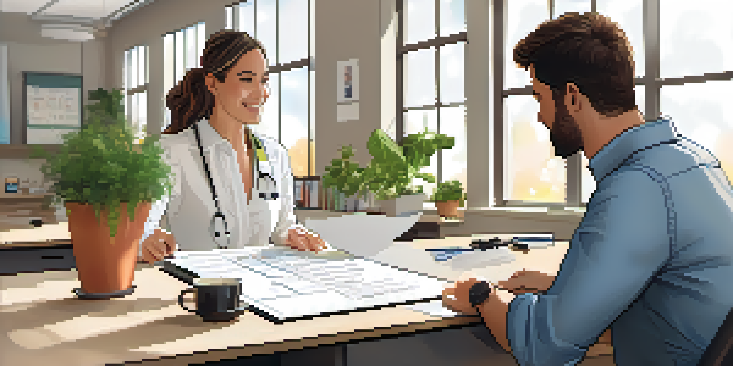 A health coach and a client discussing a wellness plan in a well-lit office with plants and a whiteboard.
