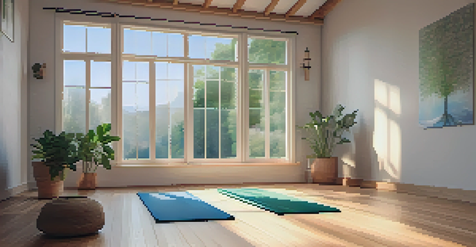 A peaceful indoor yoga space with a yoga mat, plants, and soft lighting, designed for relaxation.