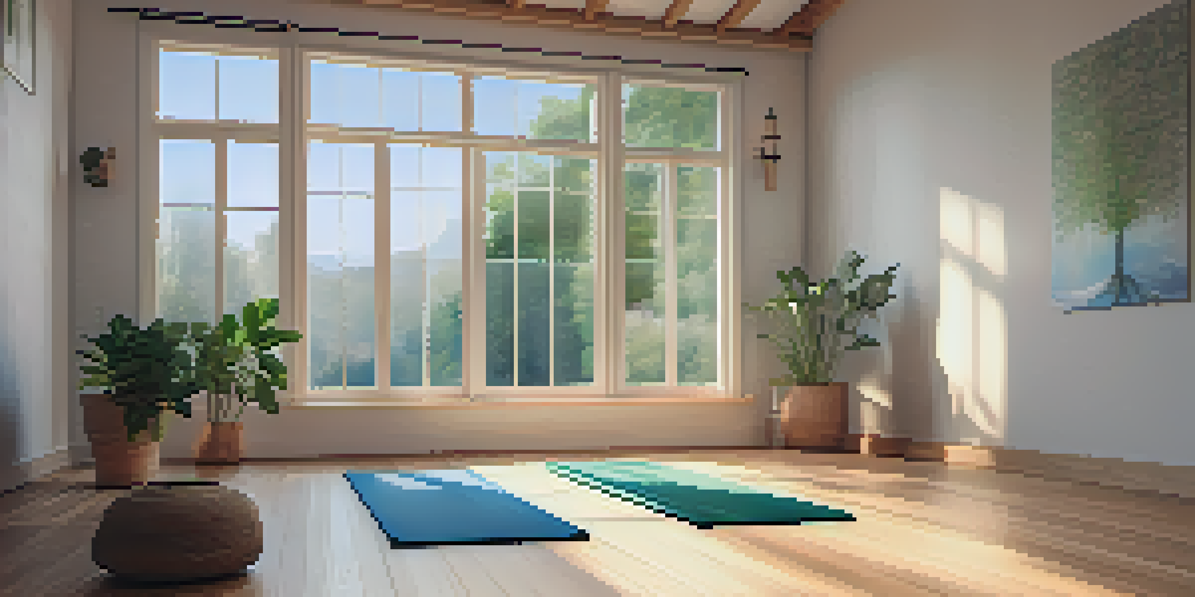 A peaceful indoor yoga space with a yoga mat, plants, and soft lighting, designed for relaxation.