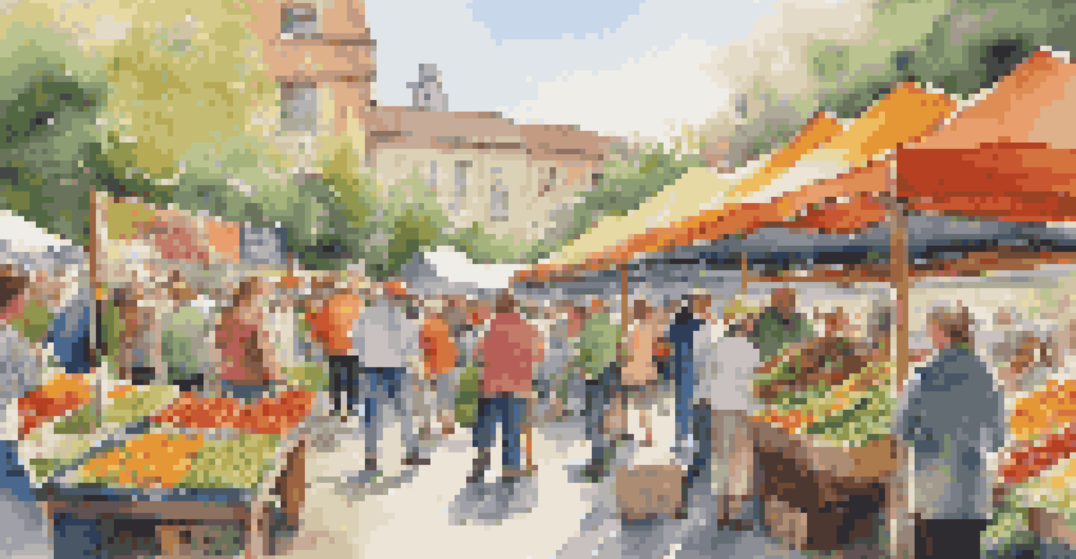 A lively outdoor farmers' market filled with colorful fruits and vegetables, with people shopping and interacting.