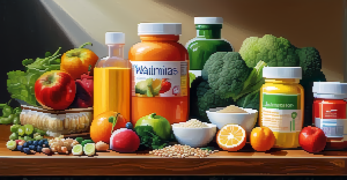 An arrangement of supplements and fresh produce on a wooden surface, illuminated by natural light.