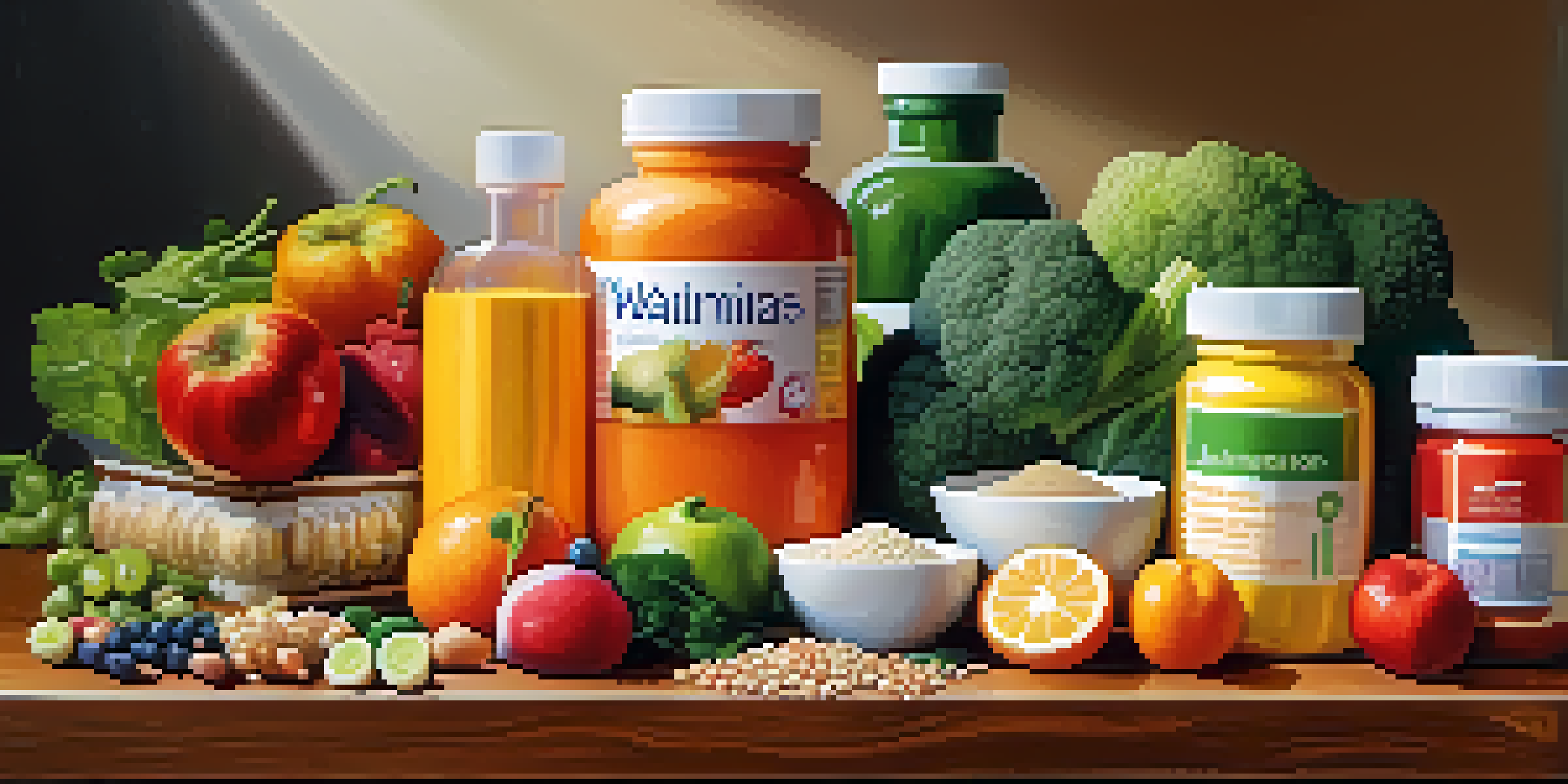 An arrangement of supplements and fresh produce on a wooden surface, illuminated by natural light.