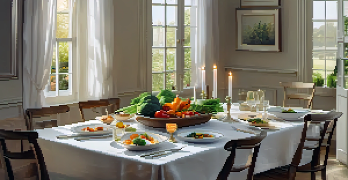 A dining table elegantly set with colorful vegetables on ceramic plates and soft candlelight, creating a warm and inviting atmosphere.