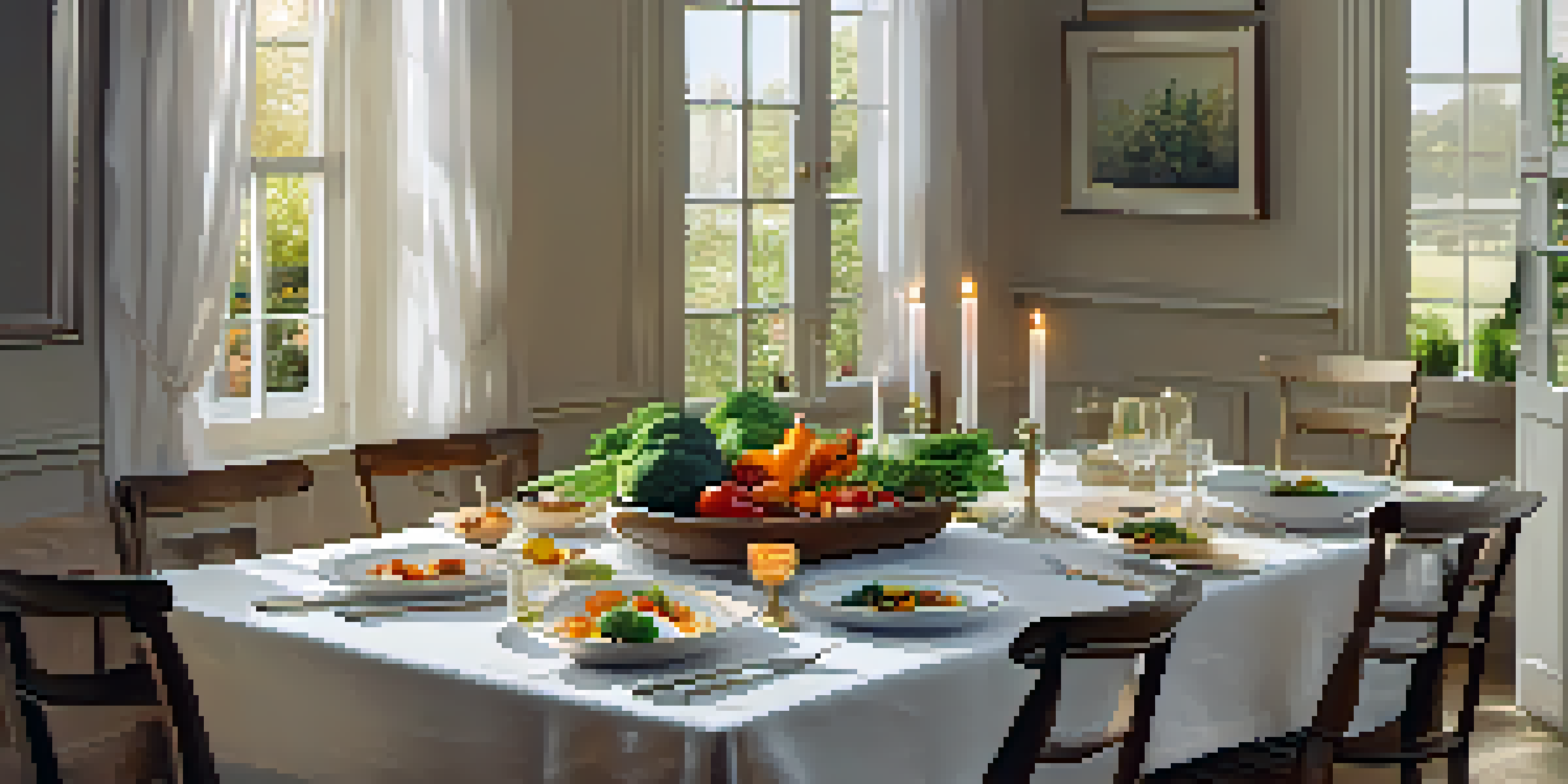 A dining table elegantly set with colorful vegetables on ceramic plates and soft candlelight, creating a warm and inviting atmosphere.