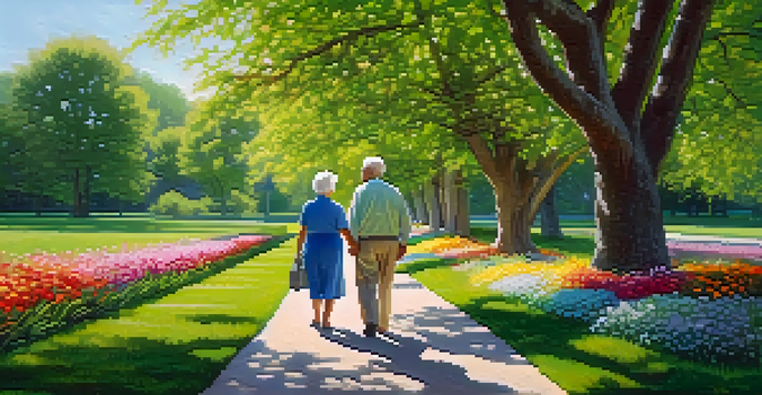 An elderly couple enjoying a leisurely walk in a sunny park filled with greenery and blooming flowers.