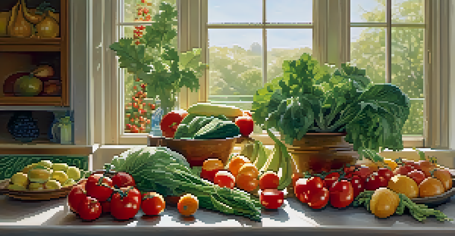 A variety of fresh organic fruits and vegetables on a kitchen countertop illuminated by sunlight.