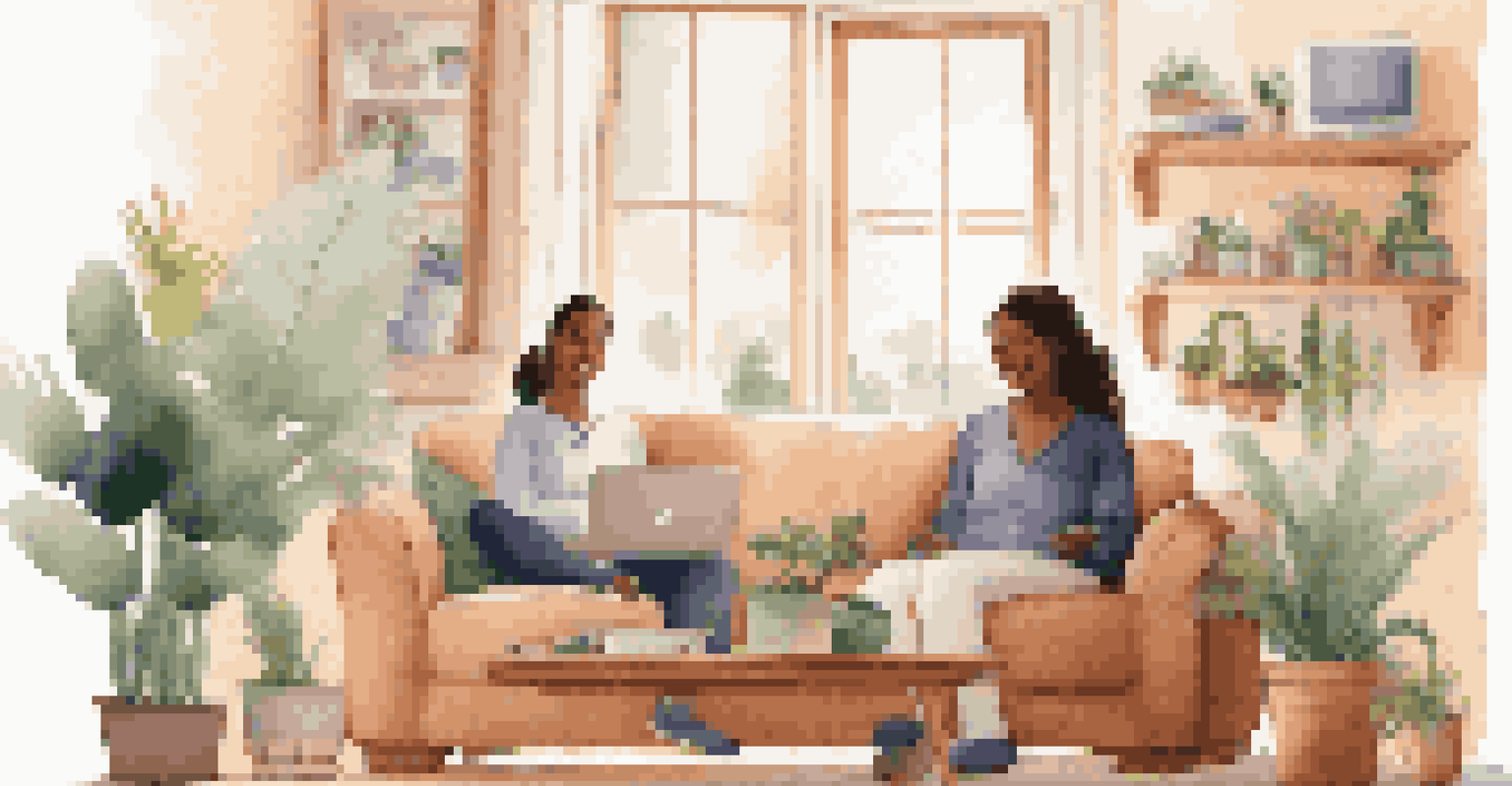 A young woman participating in a telemedicine consultation in her cozy living room, smiling at her laptop.