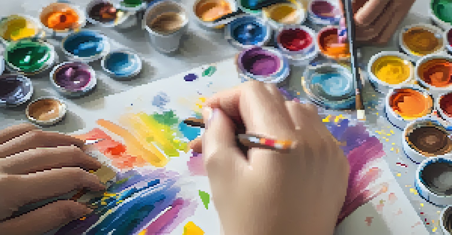 A close-up of a student's hands engaged in creating art during a mindful storytelling session, with colorful art supplies.