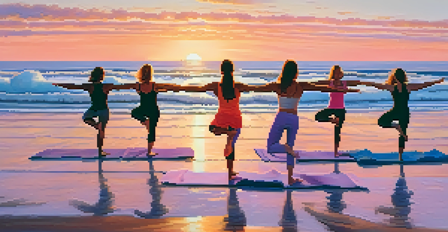 Friends practicing yoga on the beach at sunrise, surrounded by ocean waves and a colorful sky, representing physical well-being and connection.