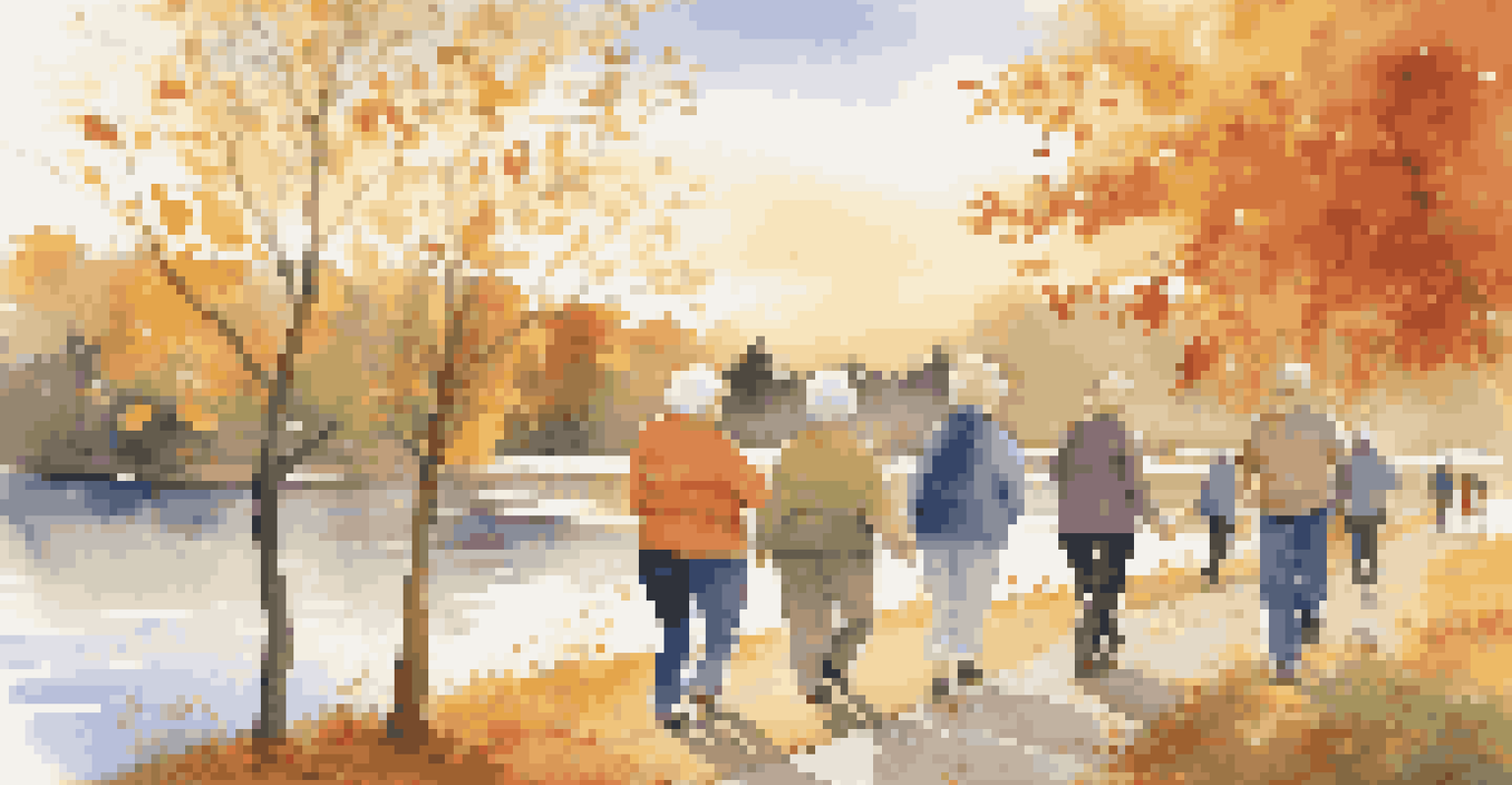 Seniors walking along a scenic lake path, enjoying the outdoors together.