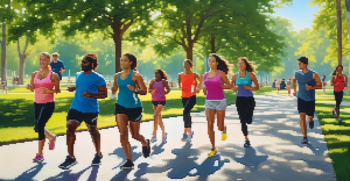 A diverse group of people exercising outdoors in a sunny park, with greenery and colorful flowers around them.